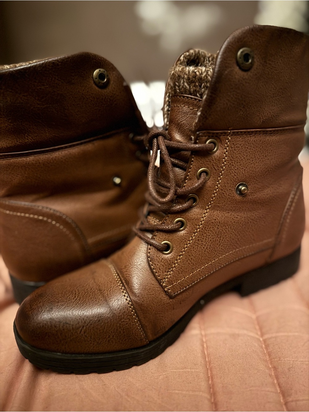 Women's Brown Lace-Up Winter Ankle Boots with Knit Collar